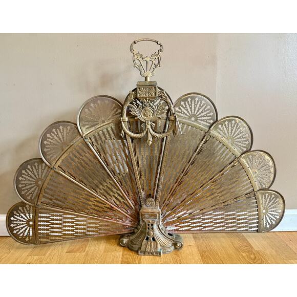 Vintage MCM Victorian Brass Fireplace Fan Peacock Folding Screen Ornate Art Deco - Picture 10 of 10